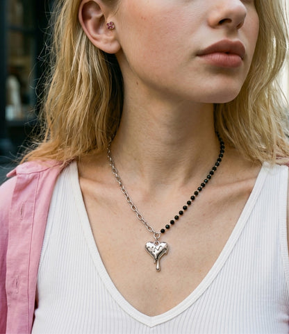 Melting Heart Pendant Necklace Black Bead Chain | K-Style Y2K