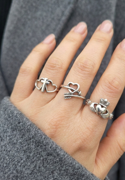 925 Sterling Silver Vintage Ring - Claddagh, Cupid Arrow & Heart Cross