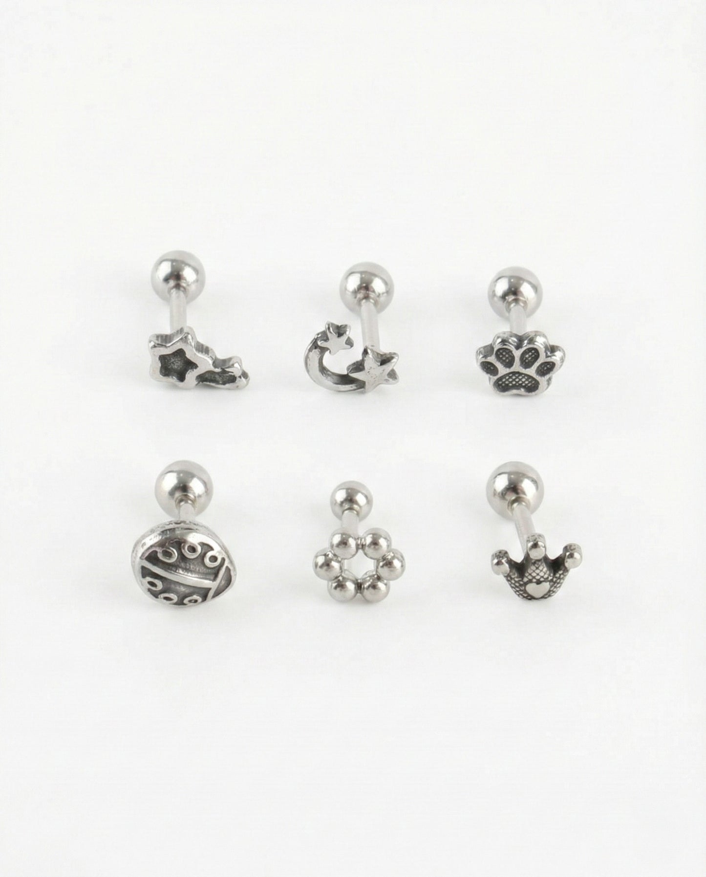 Surgical Steel Antique Piercing - 6 Designs Star Moon Paw Crown | Cartilage Helix Tragus Stud
