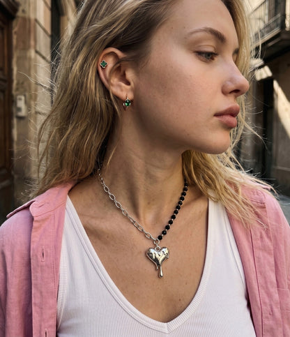 Melting Heart Pendant Necklace Black Bead Chain | K-Style Y2K