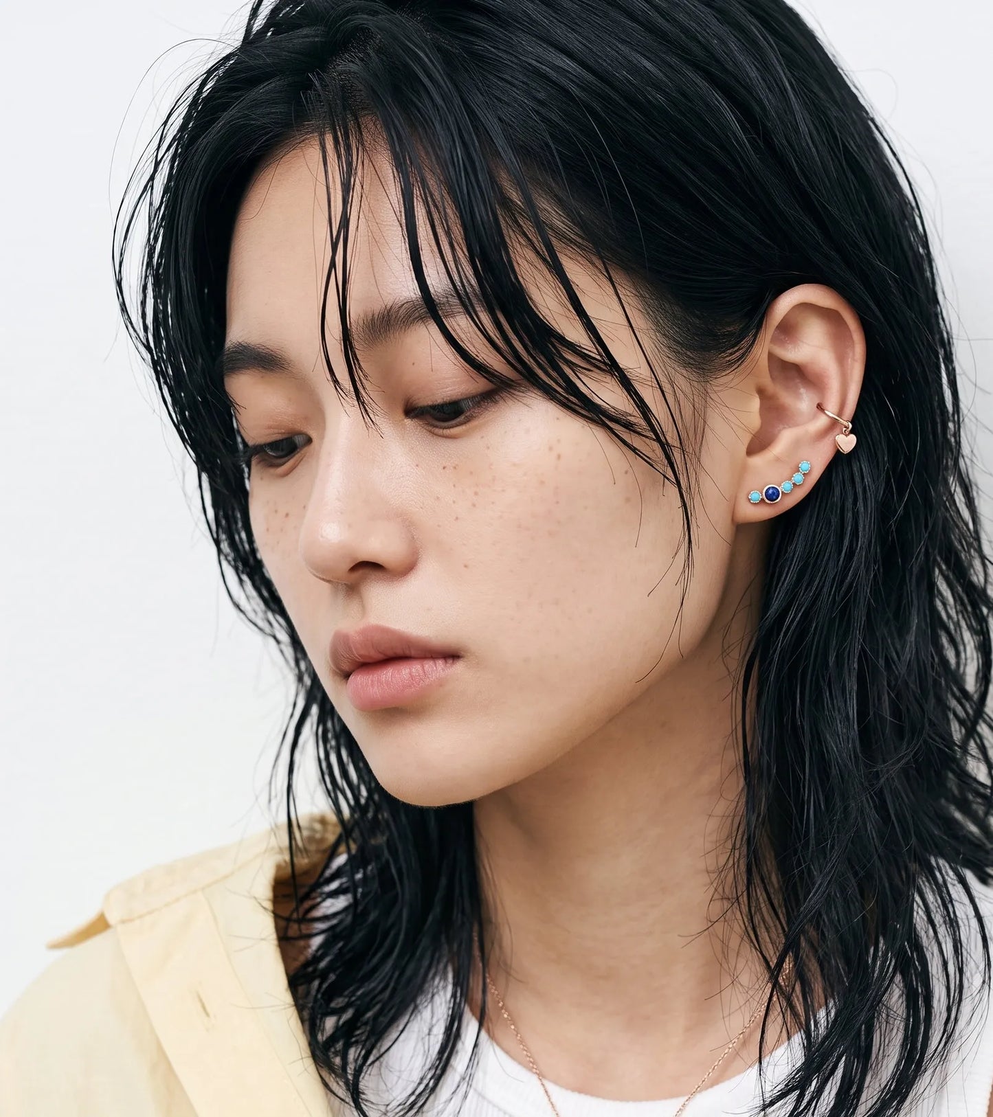 925 silver rose gold turquoise lapis ear climber with heart ear cuff – Korean handmade gemstone earrings styling
