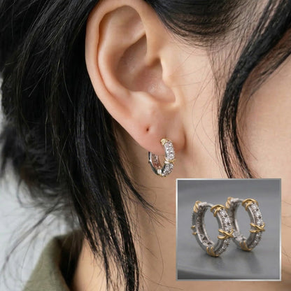 Two-Tone CZ Criss-Cross Huggie Hoop Earrings – 925 Sterling Silver, Gold X Detail
