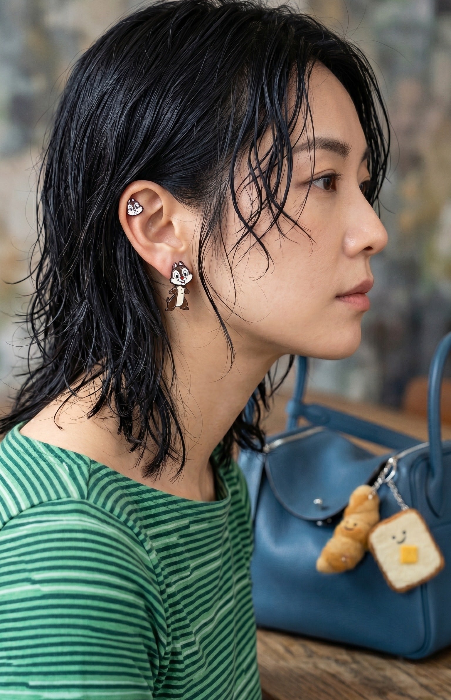 Mom styling inspiration — Chip and Dale two-way drop earring with helix stud, blue leather tote bag with bread keychain bag charm decoration trend