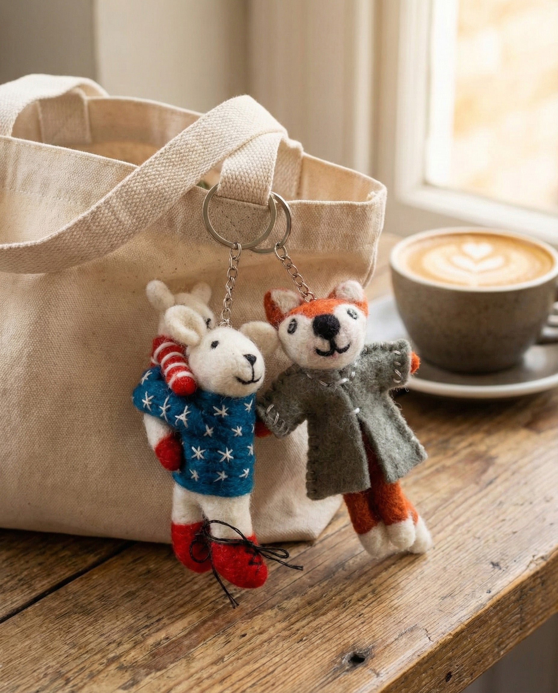 Canvas tote bag with wool felt mouse and raccoon friendship keychains at wooden table