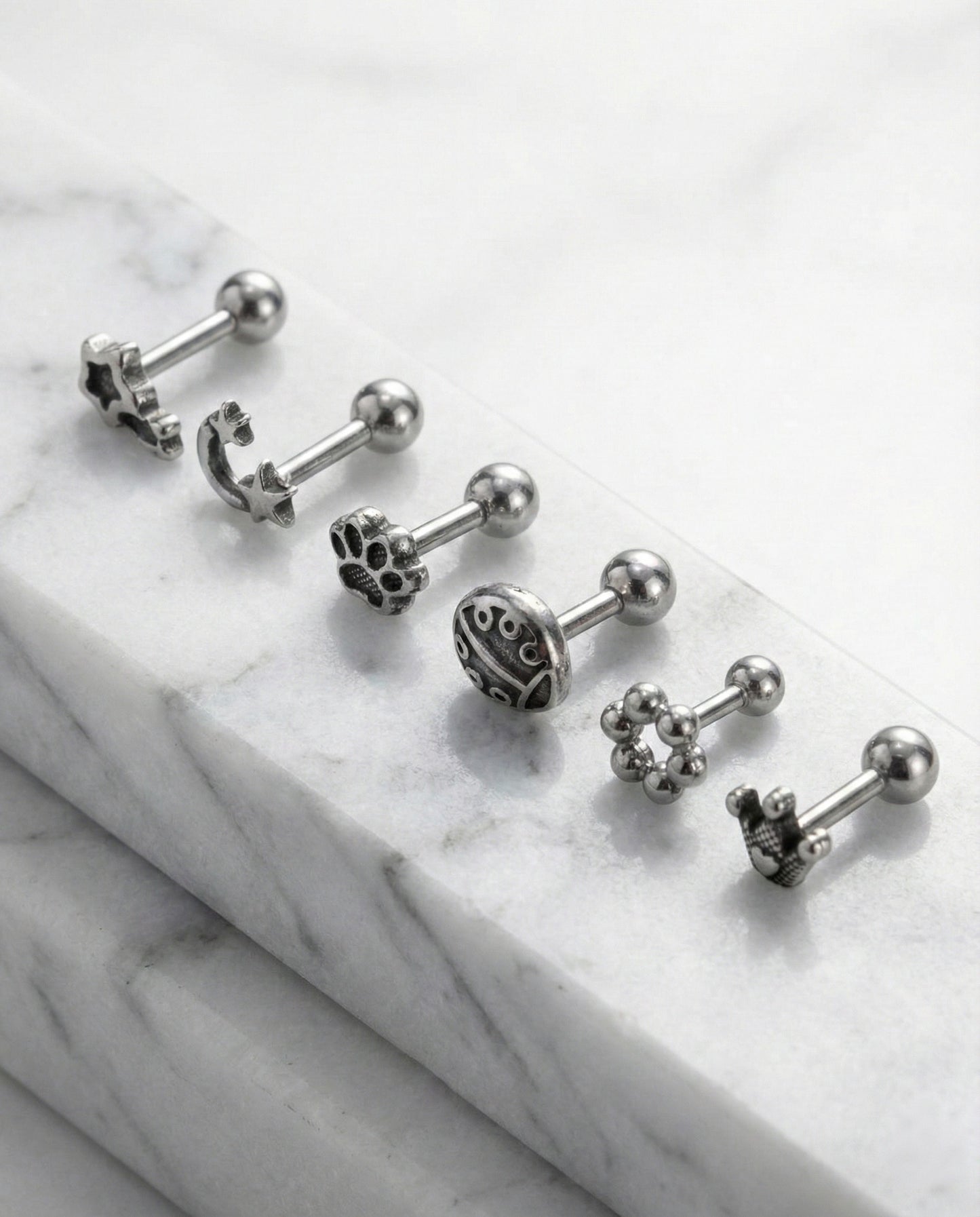 Surgical Steel Antique Piercing - 6 Designs Star Moon Paw Crown | Cartilage Helix Tragus Stud