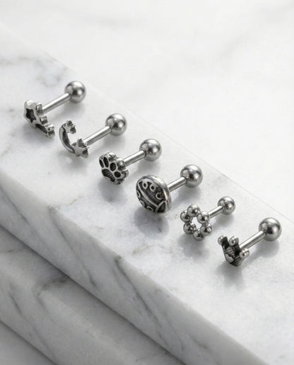 Surgical Steel Antique Piercing - 6 Designs Star Moon Paw Crown | Cartilage Helix Tragus Stud