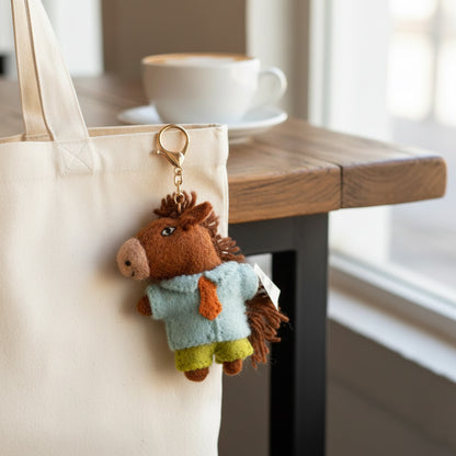 Horse-shaped keychain on a beige tote bag with a blurred background of a table and cup.