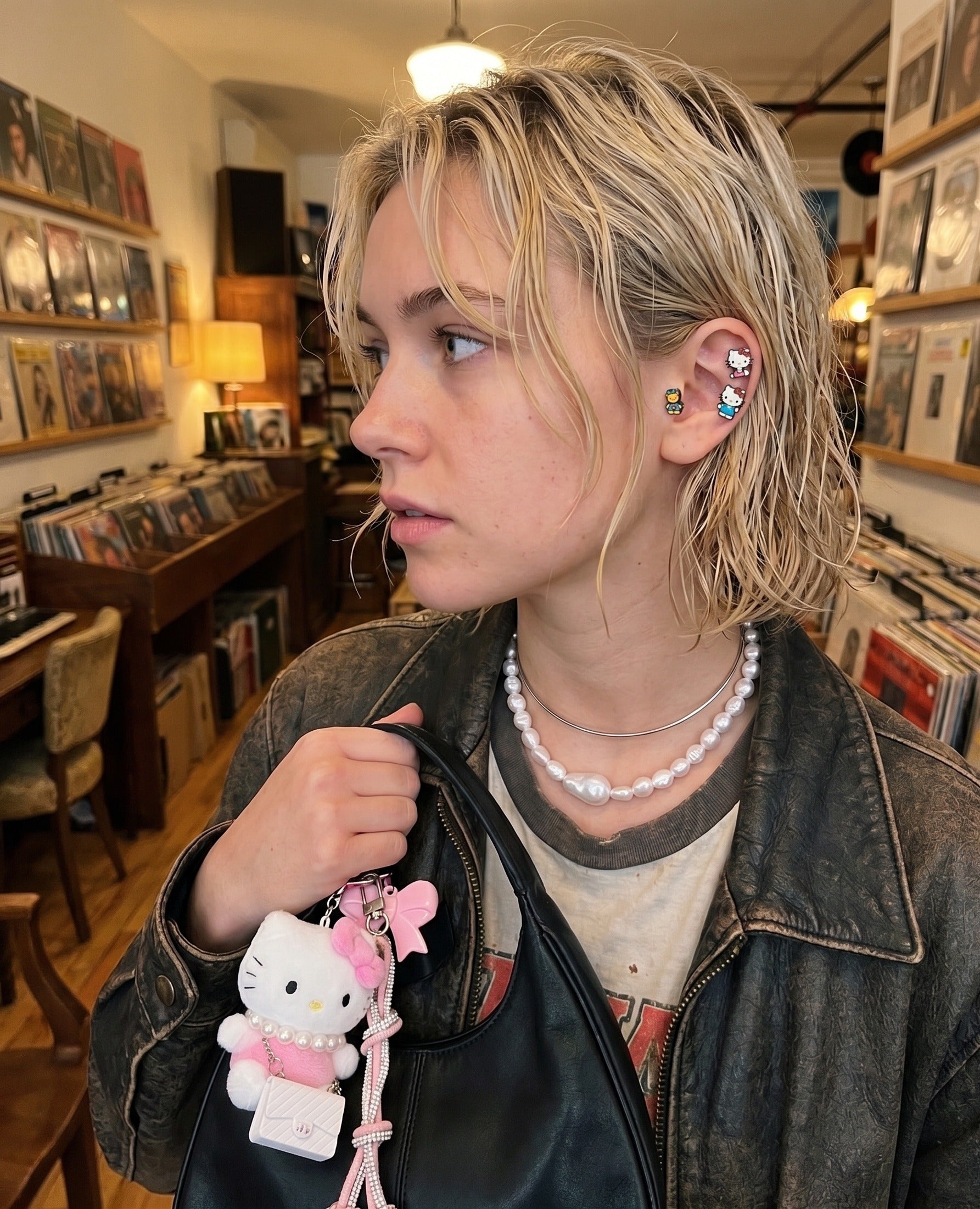 Toycore ear curation look — Hello Kitty character piercing studs with chunky pearl necklace and Hello Kitty bag charm, K-jewelry styled at a vinyl record store