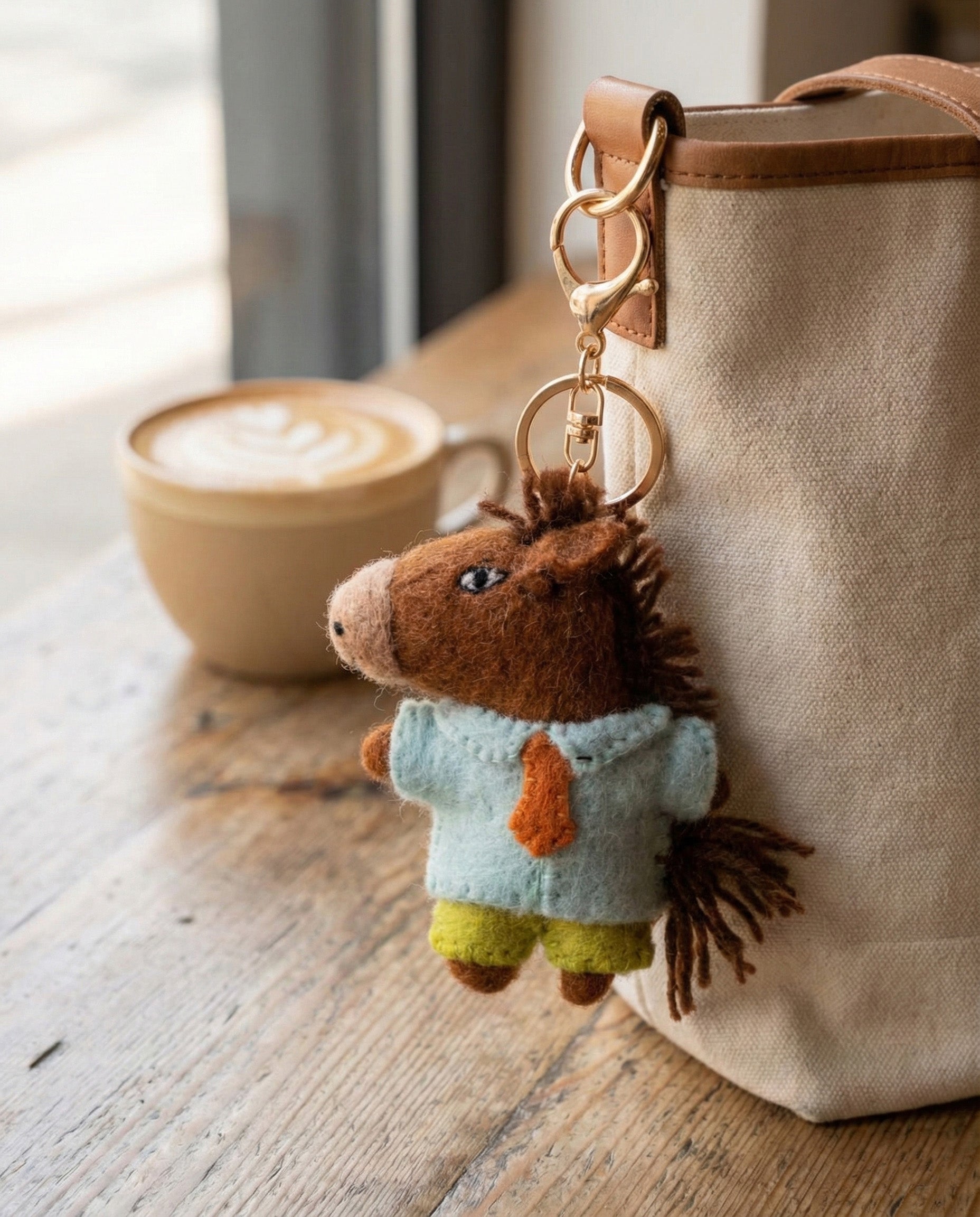 Artisan horse keychain on canvas tote bag at cafe for aesthetic lifestyle