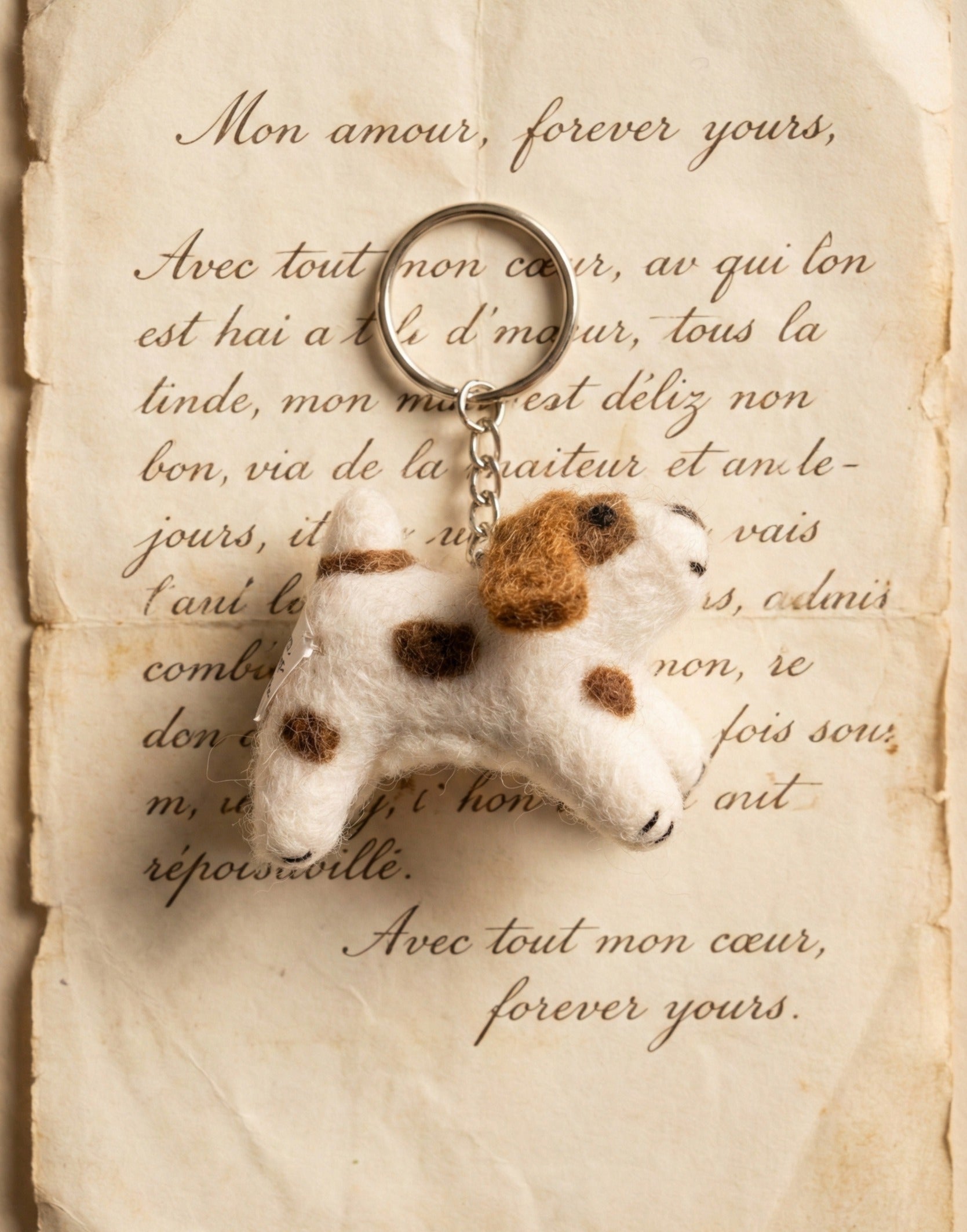 Vintage styled photo of dog keychain on aged love letter