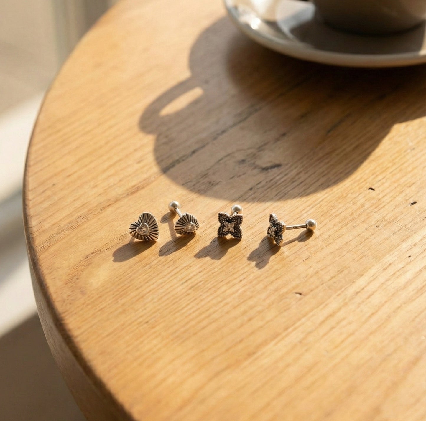 Antique Silver Heart & Flower Cartilage Stud | 925 Sterling Post