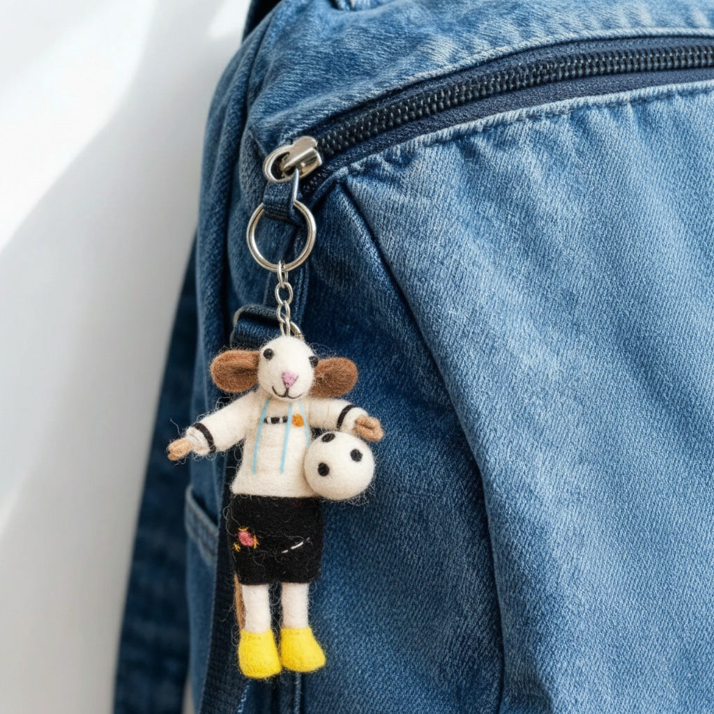 Wool felt animal keychain attached to backpack showing practical use as bag charm