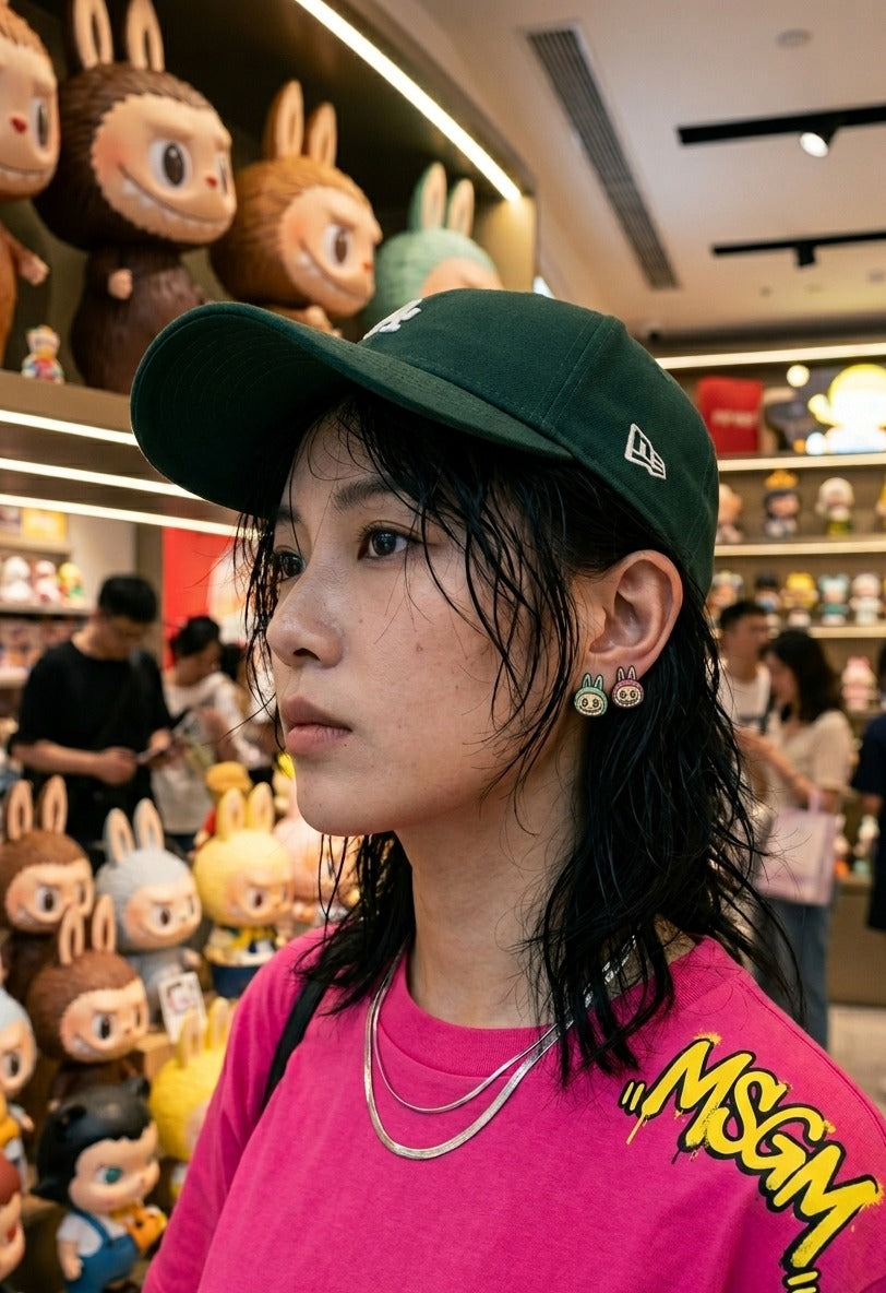 K-street style mismatch Labubu face earrings mint and pink worn with MSGM tee and New Era cap, character jewelry inspo.