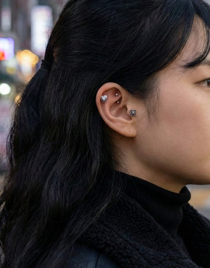 Antique Silver Heart & Flower Cartilage Stud | 925 Sterling Post