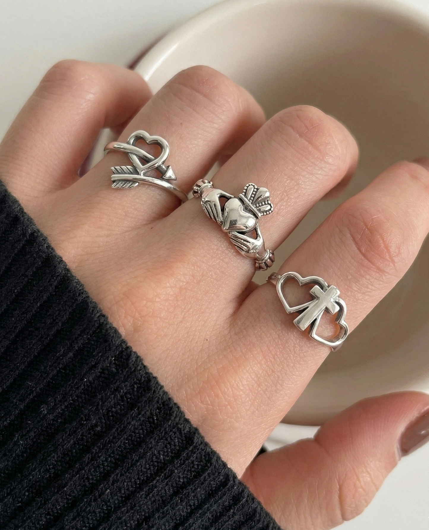 925 Sterling Silver Vintage Ring - Claddagh, Cupid Arrow & Heart Cross