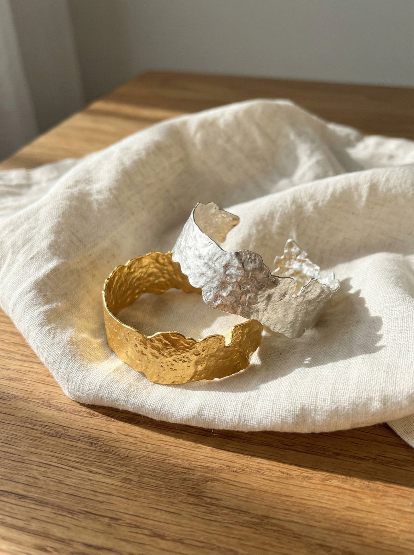 Layered gold silver hammered cuff bangles stacked together - adjustable open bangle set