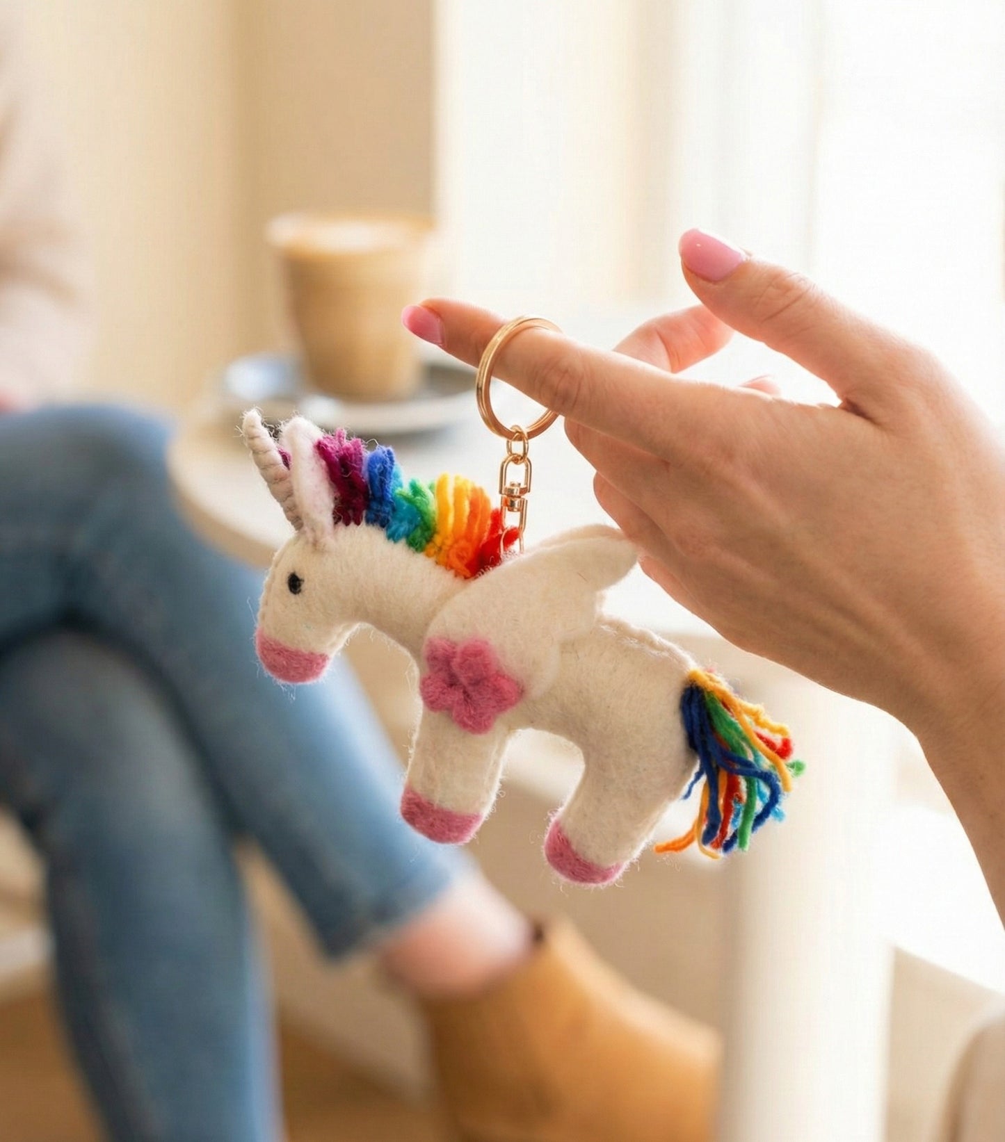 Close-up of white felt unicorn bag charm with rainbow mane held in hand showing size and detail
