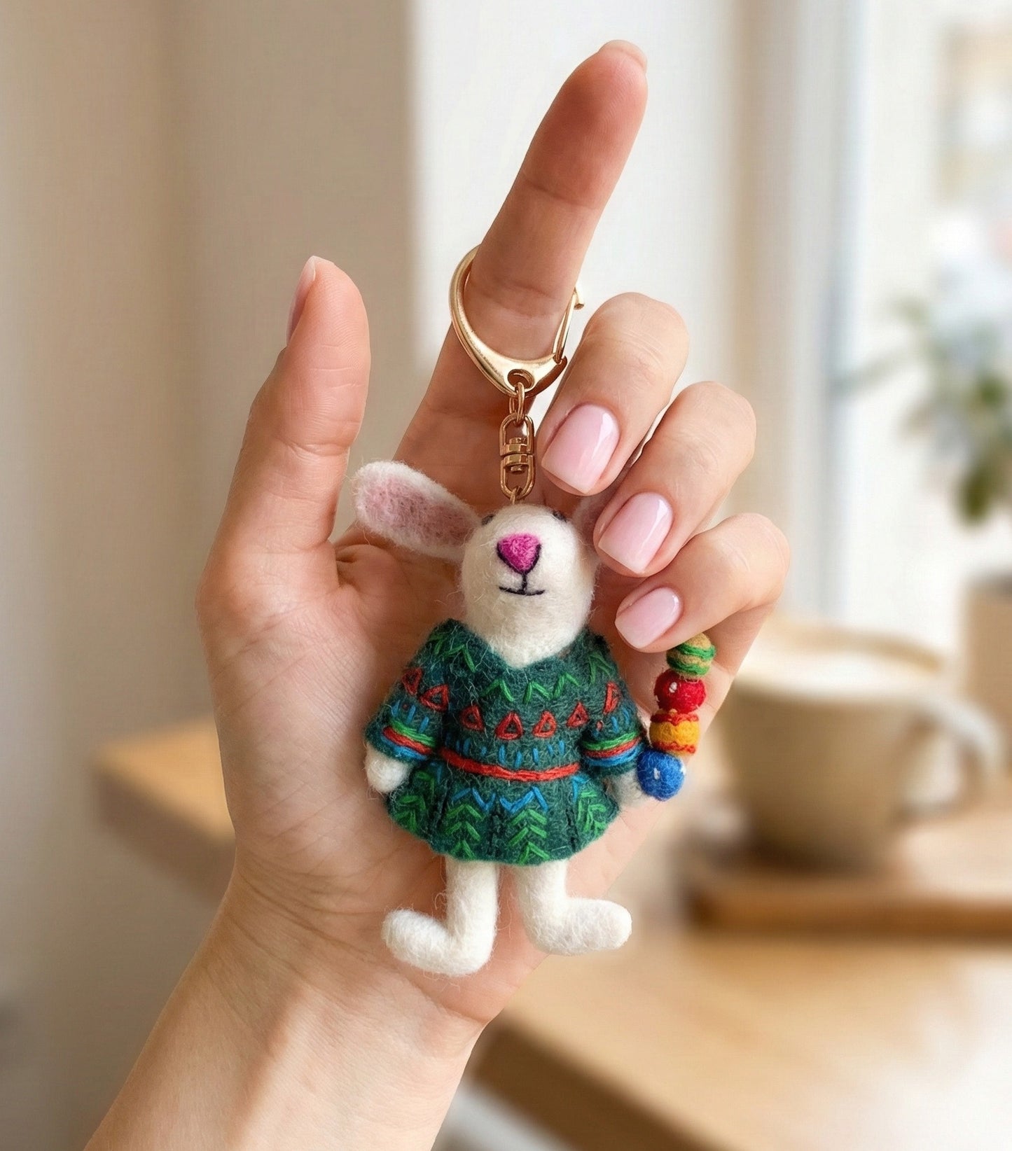 Close up of adorable white bunny bag charm held in hand showing soft wool texture and rainbow fruit stick