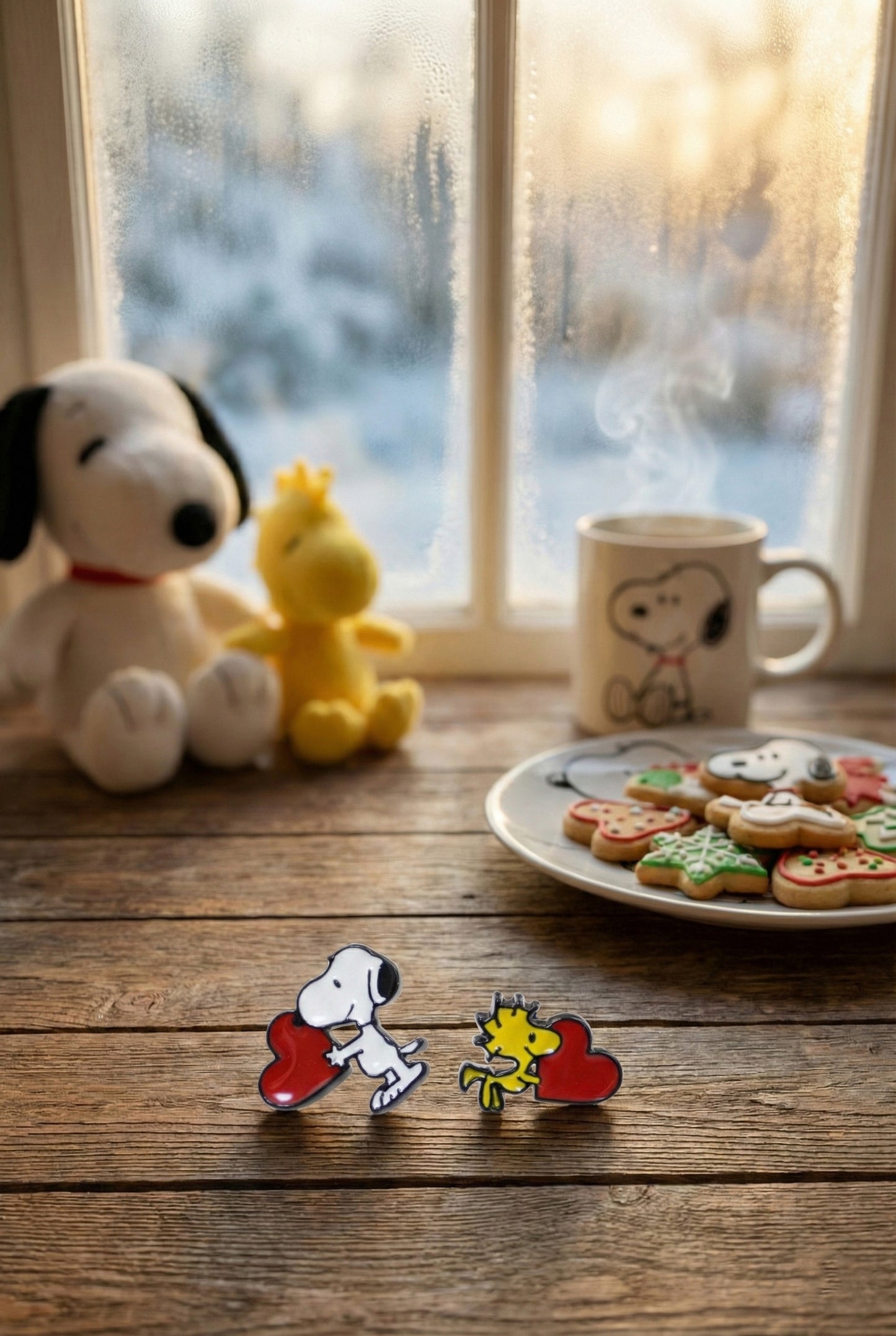 Cozy winter scene with Snoopy and Woodstock figurines and heart earrings on wooden table