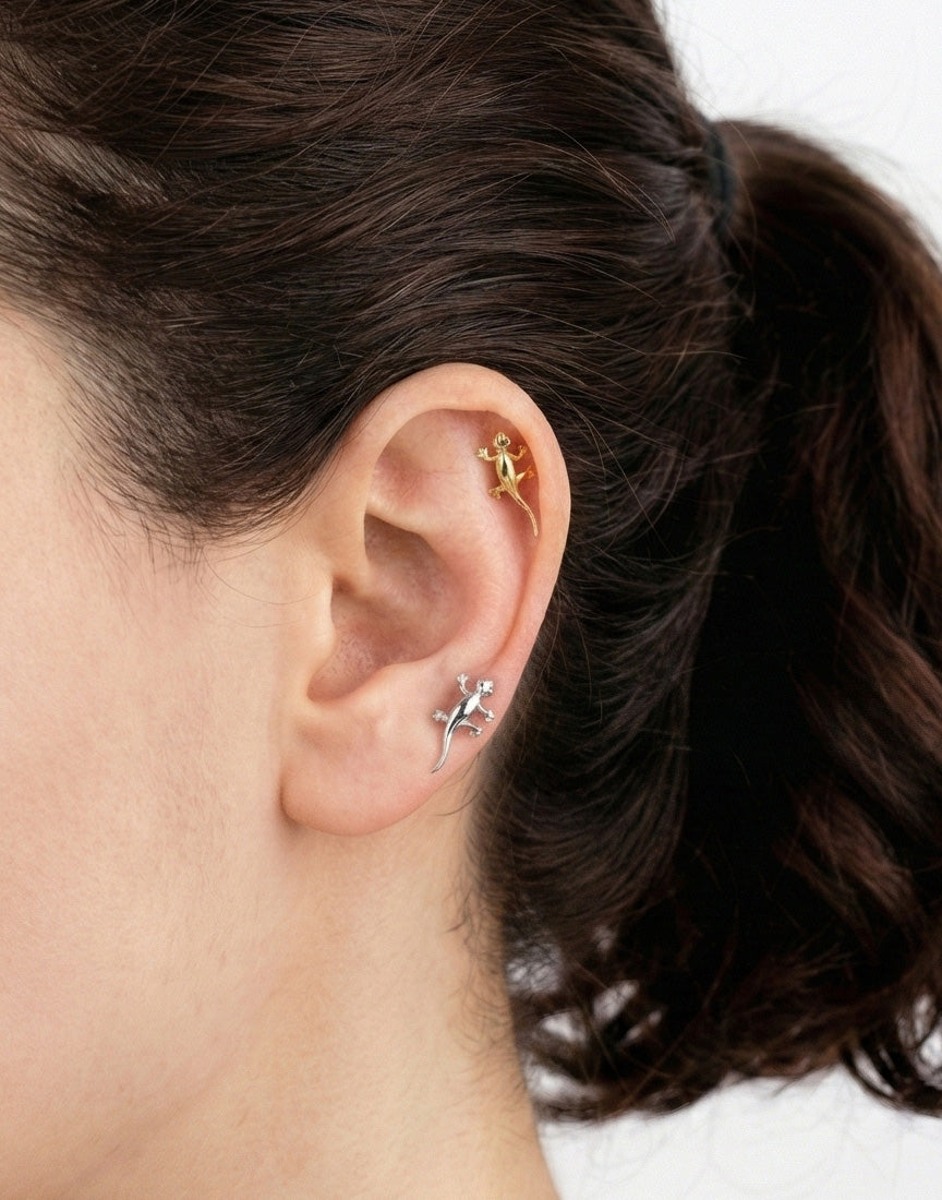 Sleek Gecko Lizard Cartilage Earring | Surgical Steel Helix Stud (Plain Metal)