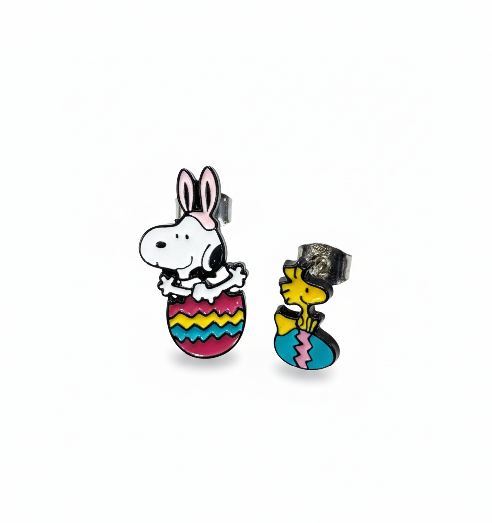 Close-up of Snoopy bunny ears Easter earrings showing 925 silver post and Woodstock stud