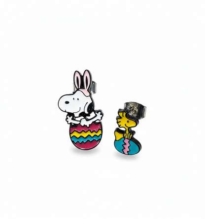 Close-up of Snoopy bunny ears Easter earrings showing 925 silver post and Woodstock stud