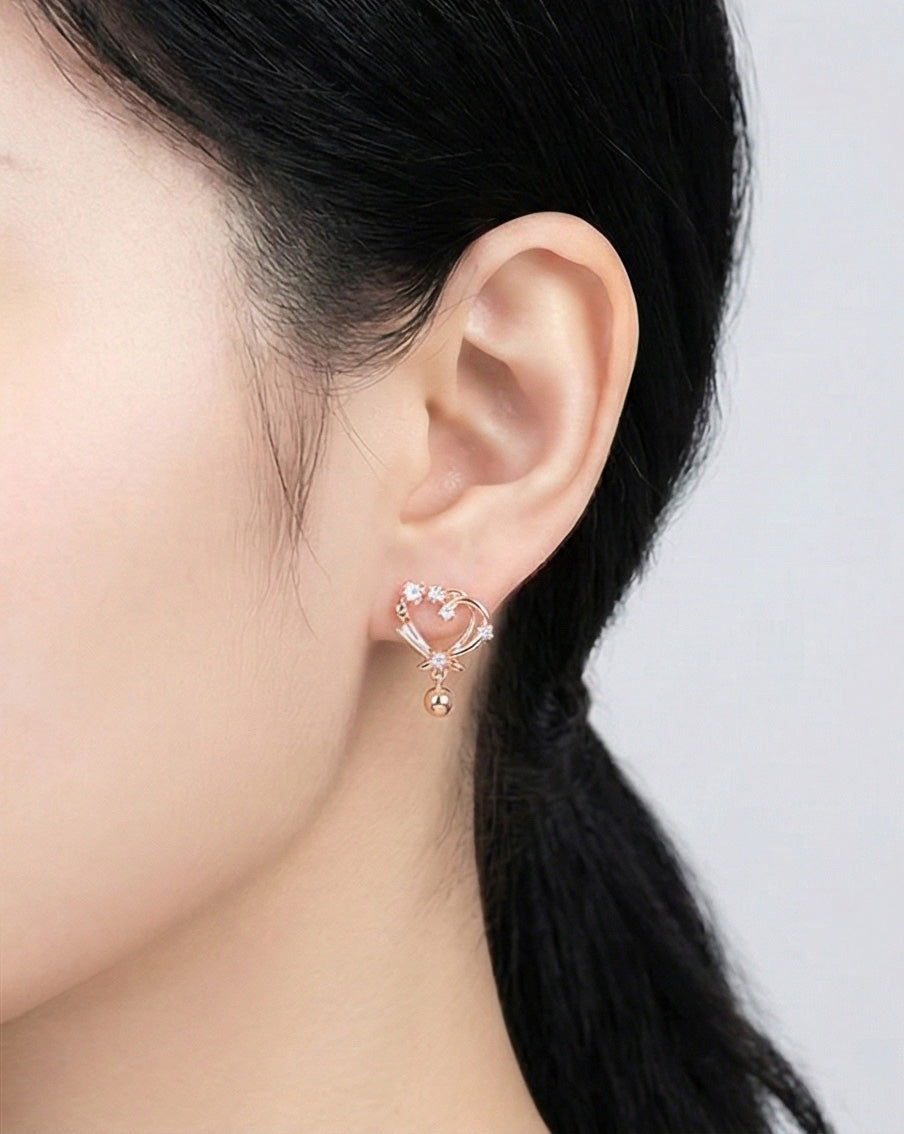 Romantic Heart Cubic Zirconia Drop Earrings - 925 Silver Post in Gold, Silver & Rose Gold