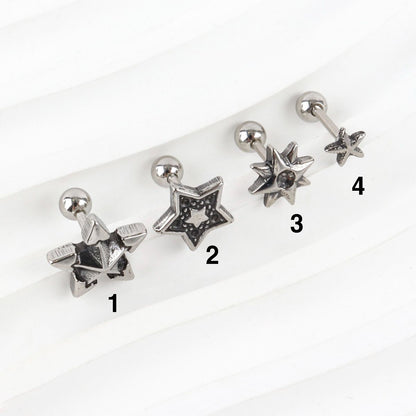 Four Y2K chunky star barbell stud earrings labeled 1 to 4, showing different sizes and designs on white background