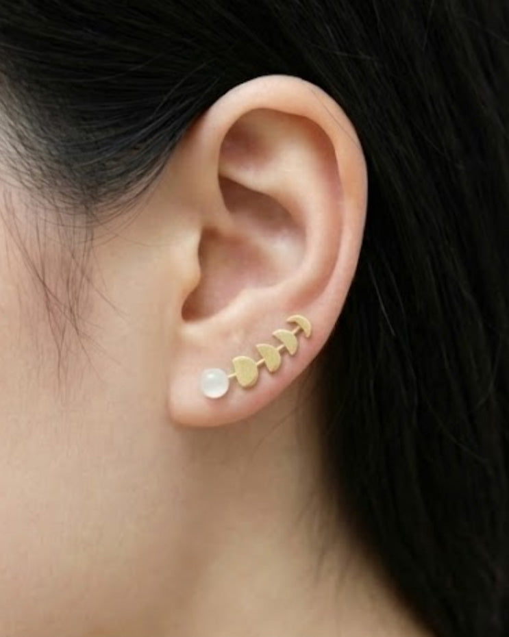 Celestial Moon Phase Ear Climbers | Gold Plated Brass & Glowing Faux Moonstone Crawlers