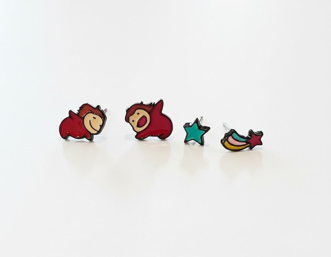 four Studio Ghibli Ponyo character stud earrings with enamel coating and silver posts