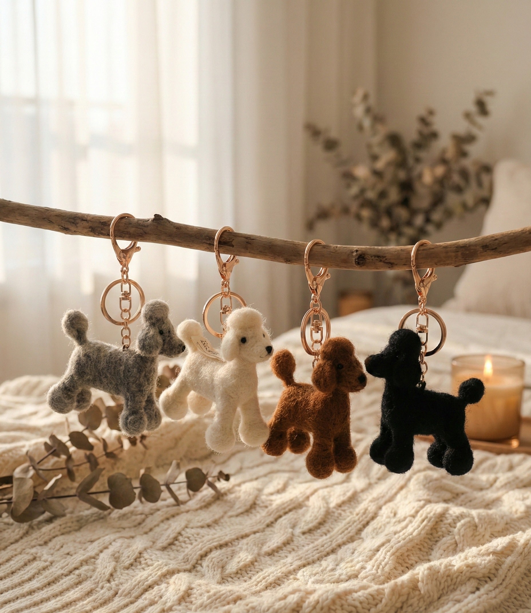 Lifestyle shot of four wool felt poodle keychains hanging on natural wooden branch with cozy home interior background