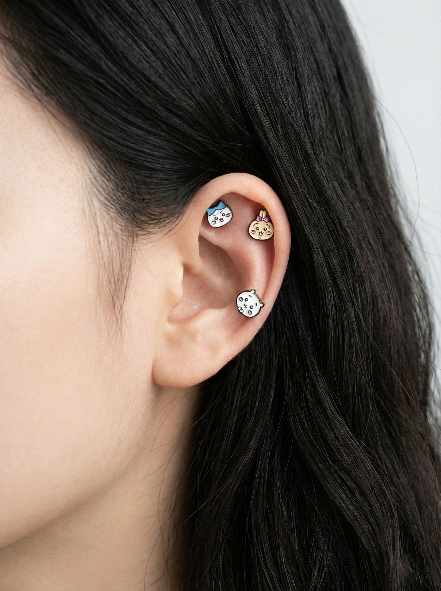 Chiikawa Enamel Brass Barbell Studs - Hachiware Usagi Cute Anime Character Earrings for Helix, Cartilage & Lobe Piercings