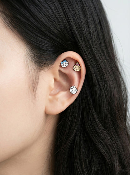 Chiikawa Enamel Brass Barbell Studs - Hachiware Usagi Cute Anime Character Earrings for Helix, Cartilage & Lobe Piercings