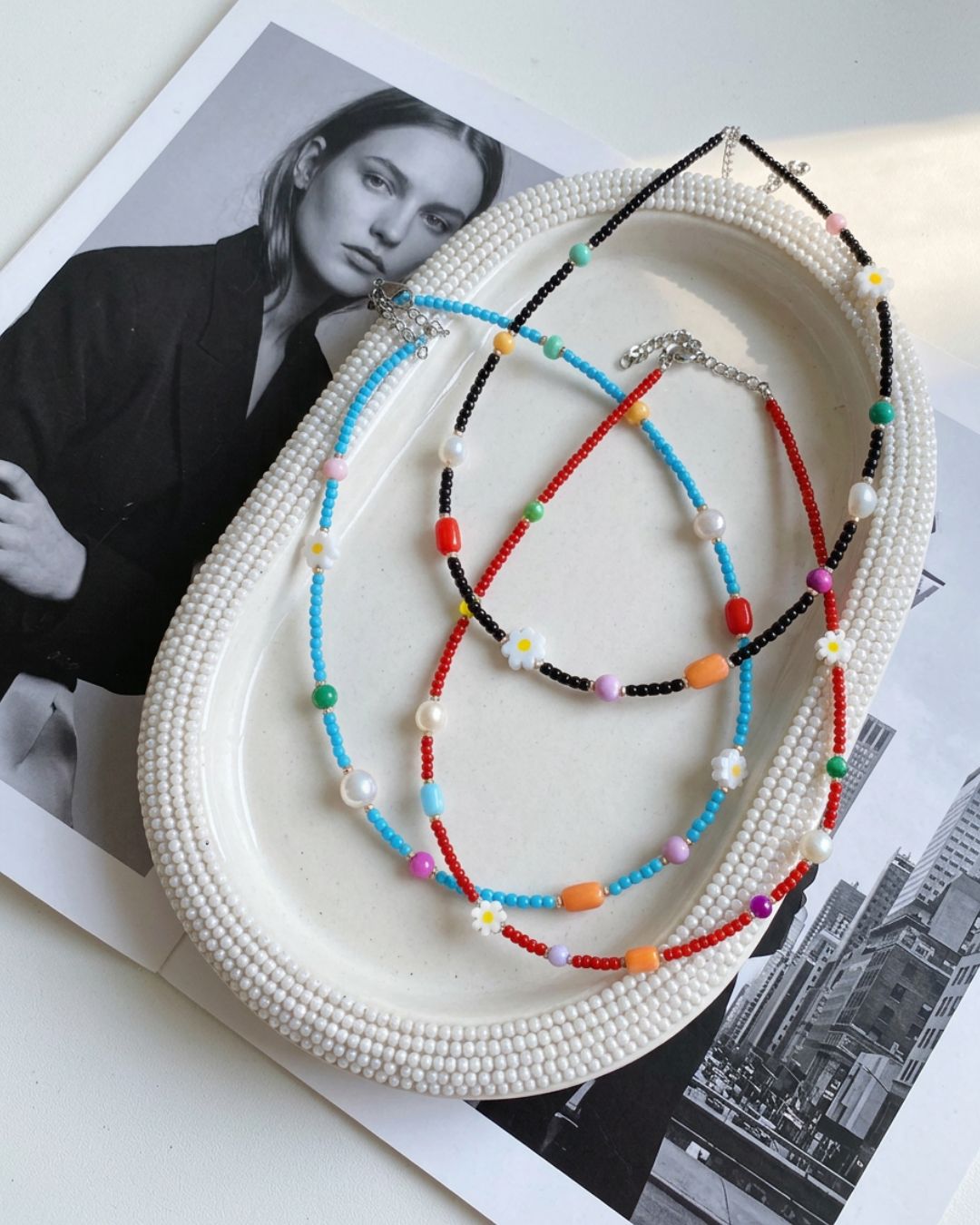 Handmade Freshwater Pearl Daisy Seed Bead Choker Necklace 3 Colors
