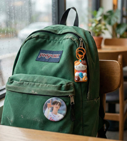 Green JanSport backpack with cute cat keycap keychain hanging on zipper