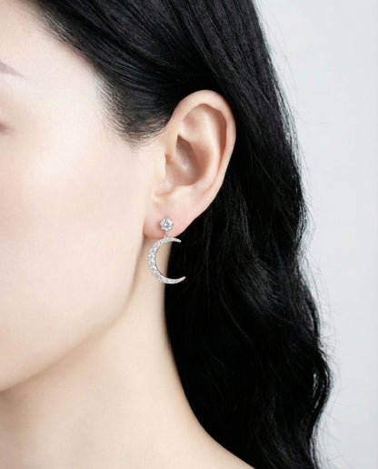 Crescent moon earring with pavé-set crystals side view