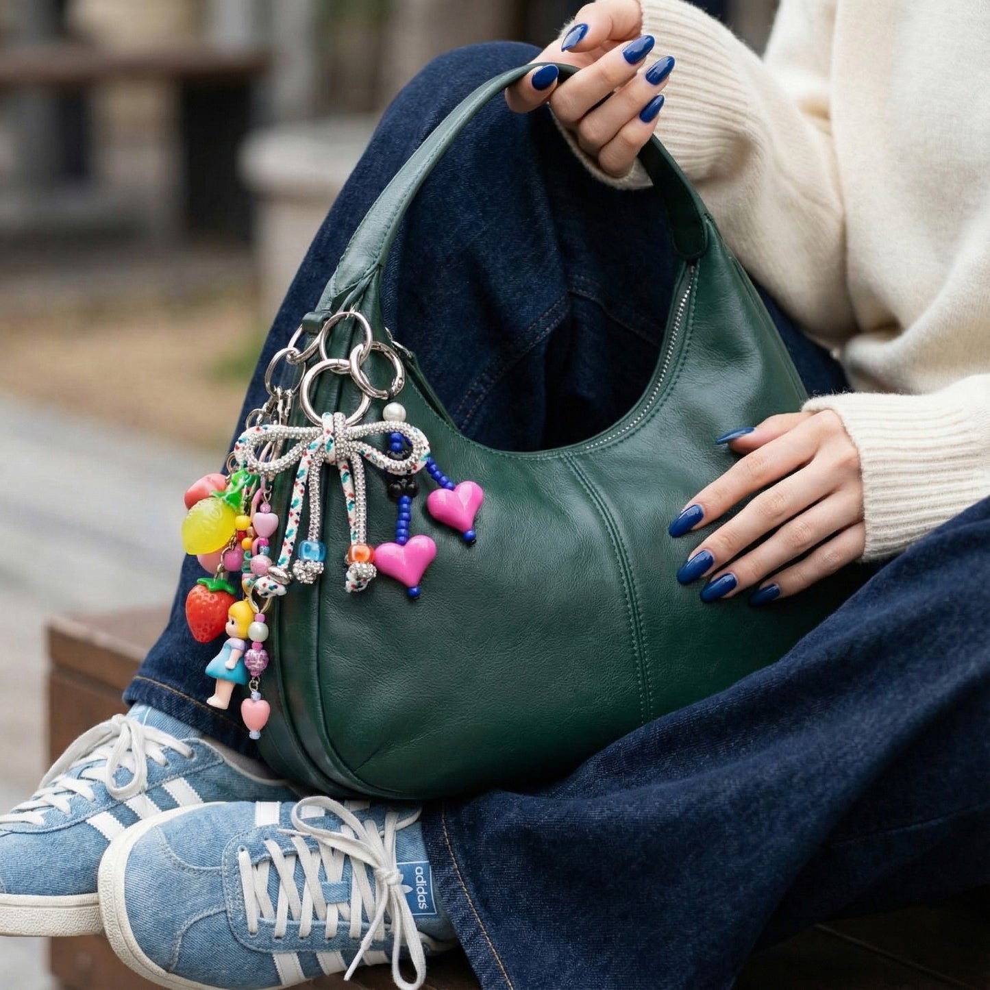 Green leather hobo bag with colorful rhinestone bow keychain layered with character charms and heart pendants