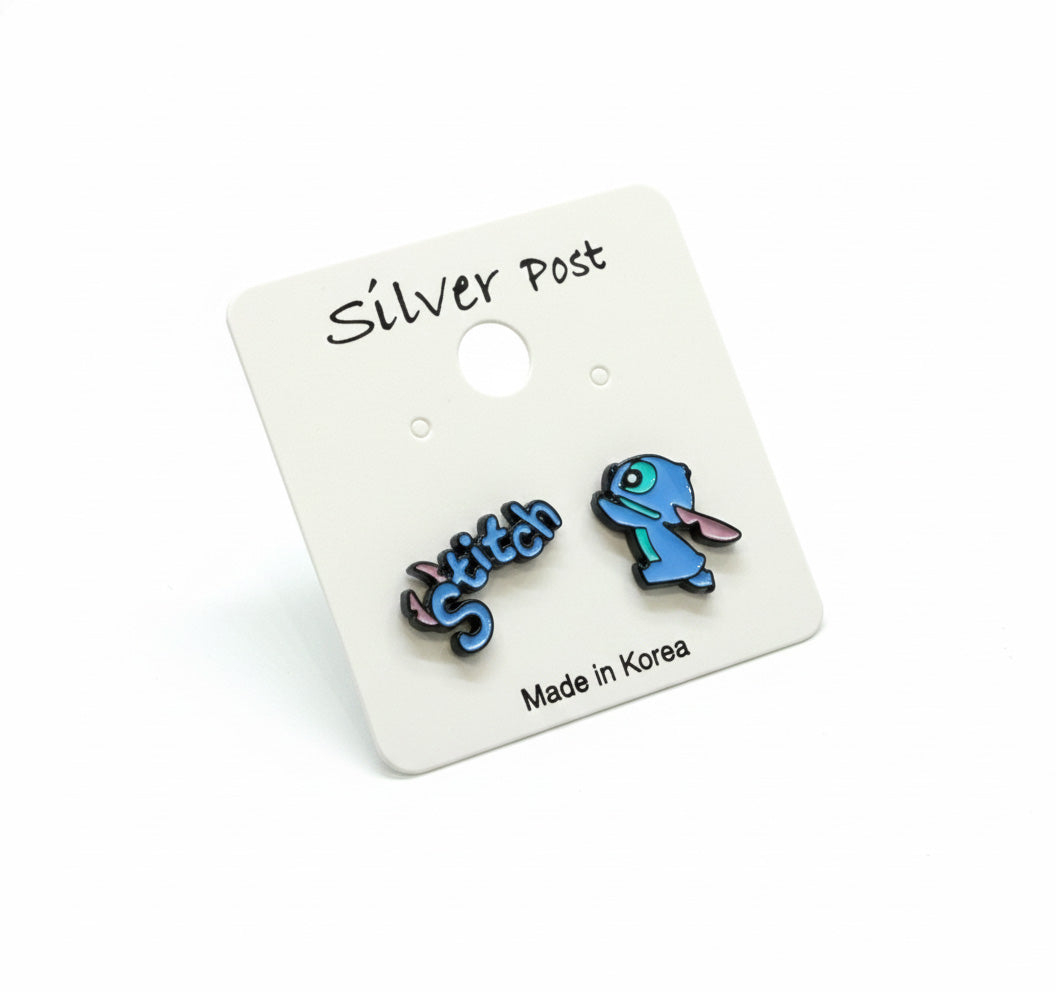 Stitch logo and walking Stitch enamel earrings on white card, silver post, pastel blue and pink design.