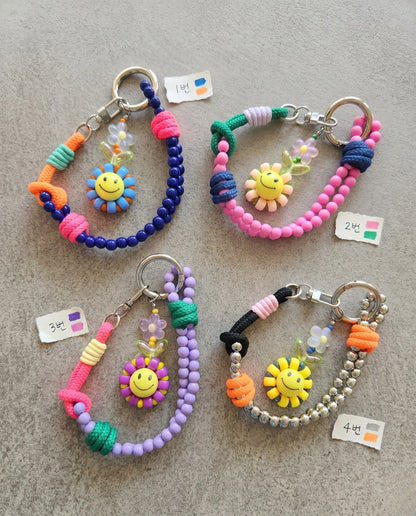 Handmade Smile Flower Beaded Strap Bag Charm Keychain – 4 Colors