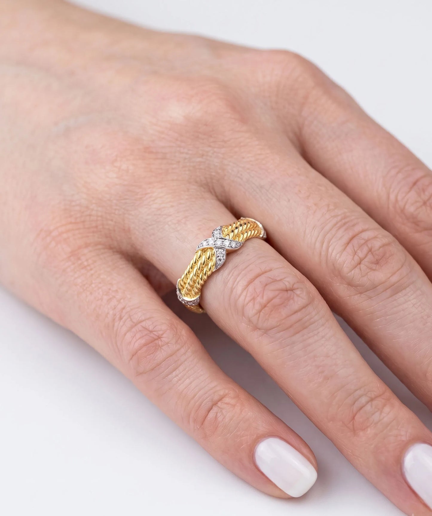 925 Sterling Silver Two-Tone Twisted Rope Band Ring with CZ X-Cross