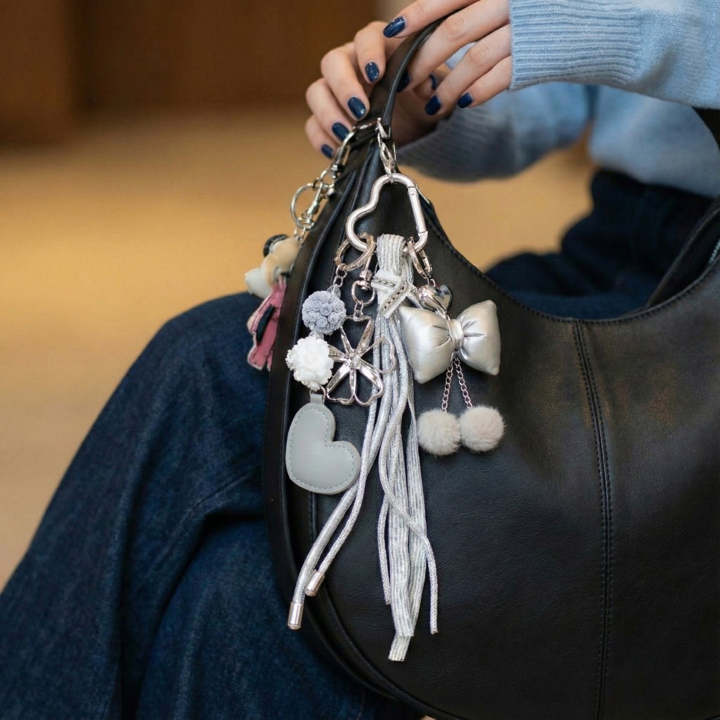 Silver Ribbon Heart Tassel Keyring - Floral Beads Bag Charm