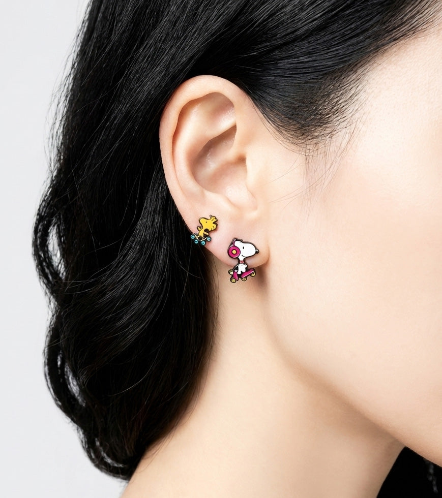 Model wearing Snoopy two-way ear jacket with Woodstock stud showing 3D dimensional design
