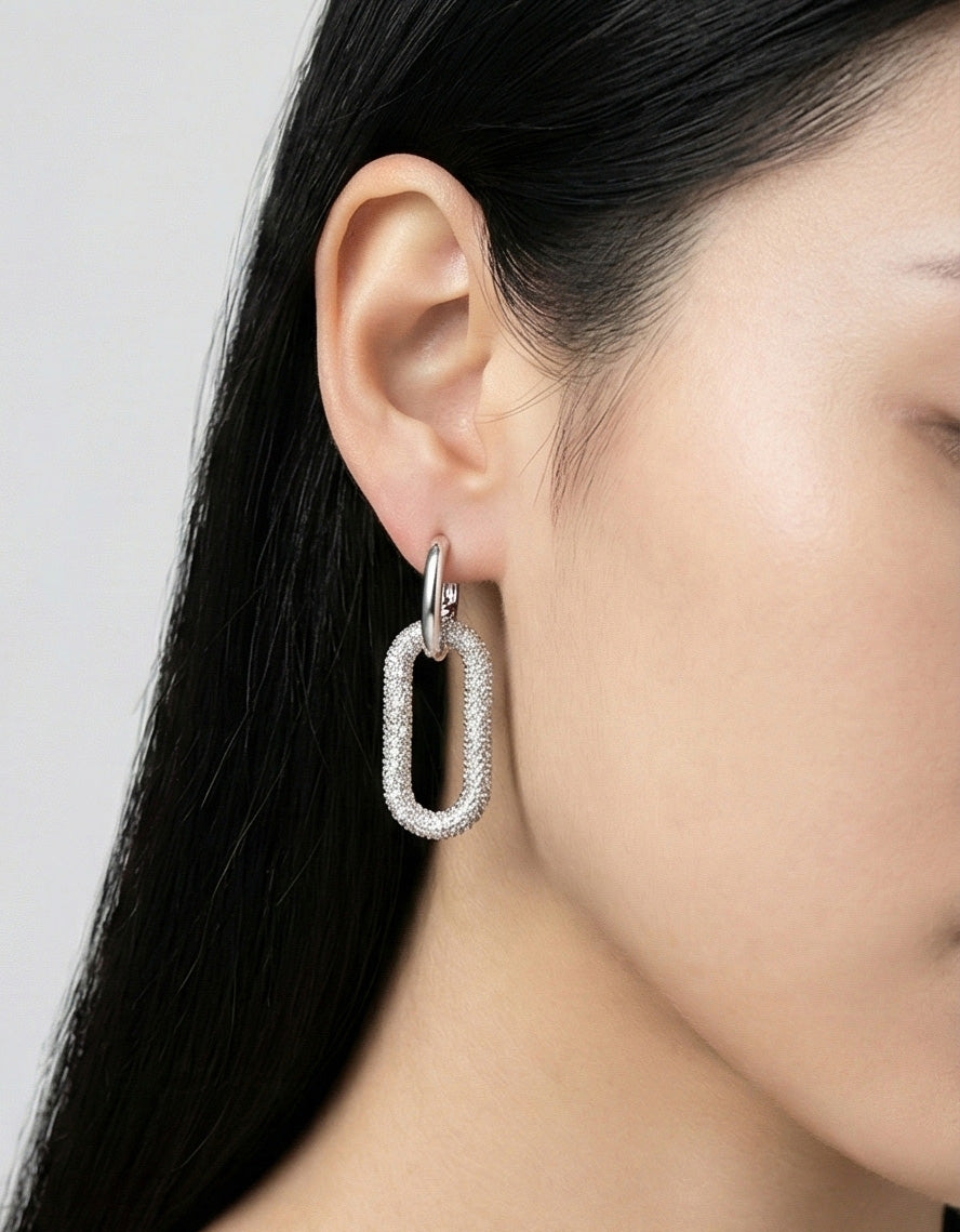 Huggie Hoop Pavé Oval Chain Link Drop Earrings – Gold & Silver