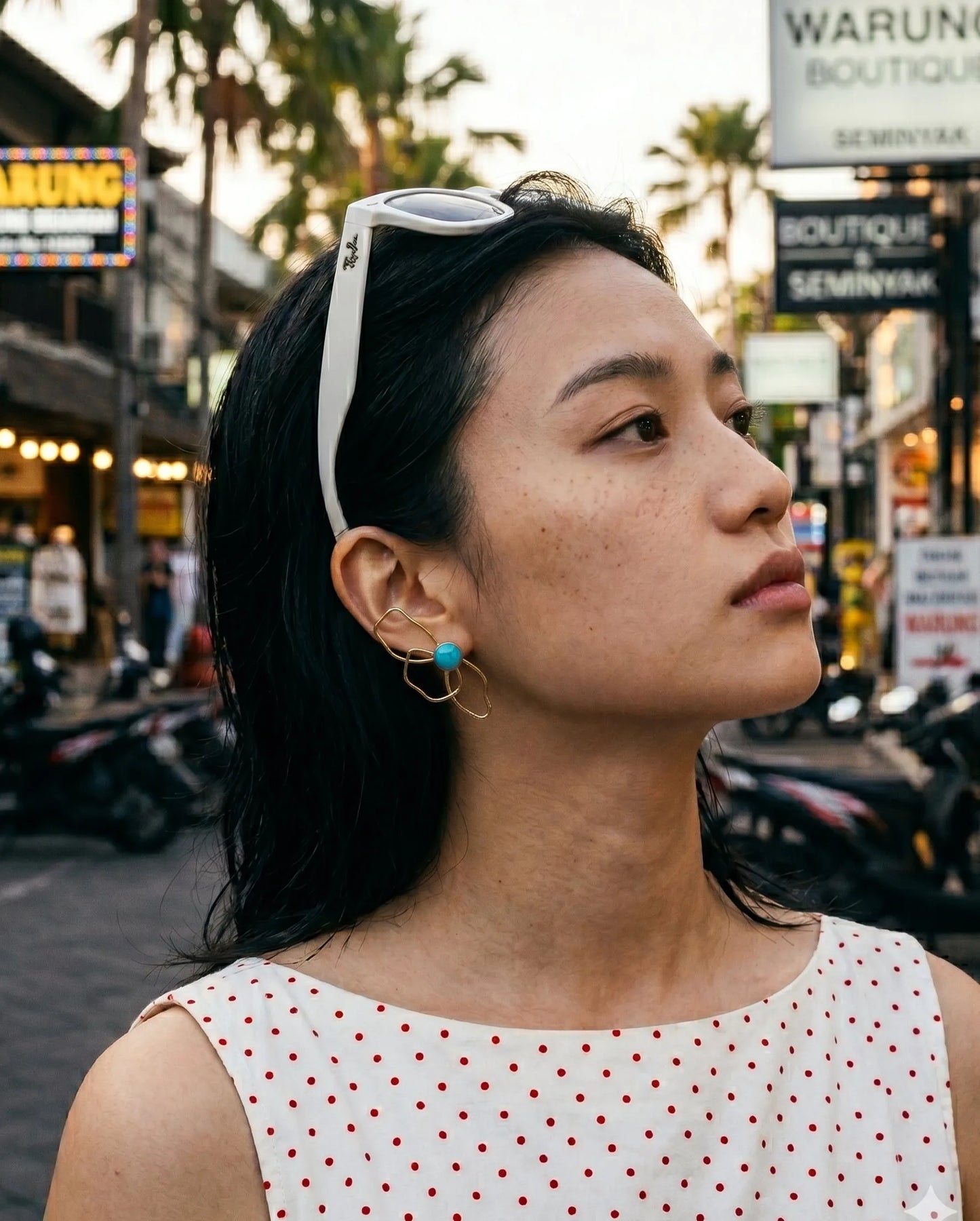 Bali vacation aesthetic turquoise flower earrings, K-style asymmetrical gold earrings for resort OOTD.