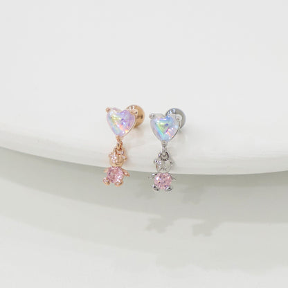 Iridescent Heart Bear Dangle Barbell – Kawaii Cartilage Piercing | Single