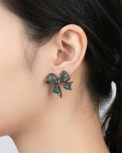 Vintage Kitsch Bow Earrings - Chunky Retro Ribbon Statement Studs with Sparkling Crystals