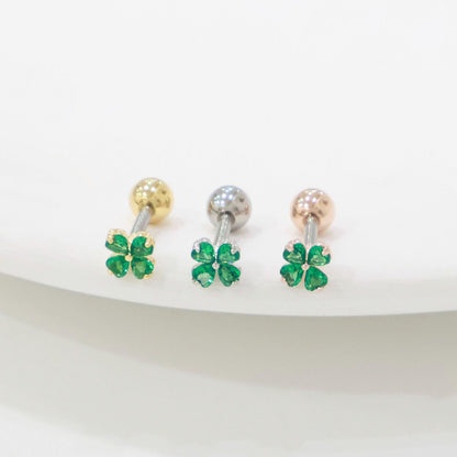 Clover Barbell Stud • Green or Clear CZ • Surgical Steel Piercing