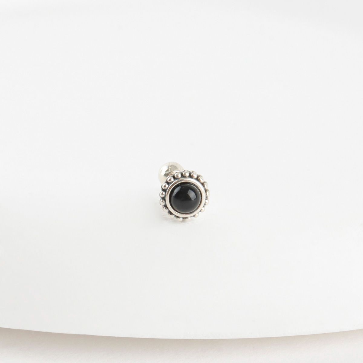  Black onyx dot barbell stud earring with 925 silver post and beaded frame