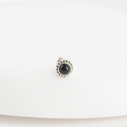  Black onyx dot barbell stud earring with 925 silver post and beaded frame