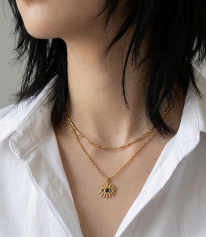 Evil Eye Layered Necklace – Double Chain Sunburst Pendant in Gold & Silver | 8TTITTO8